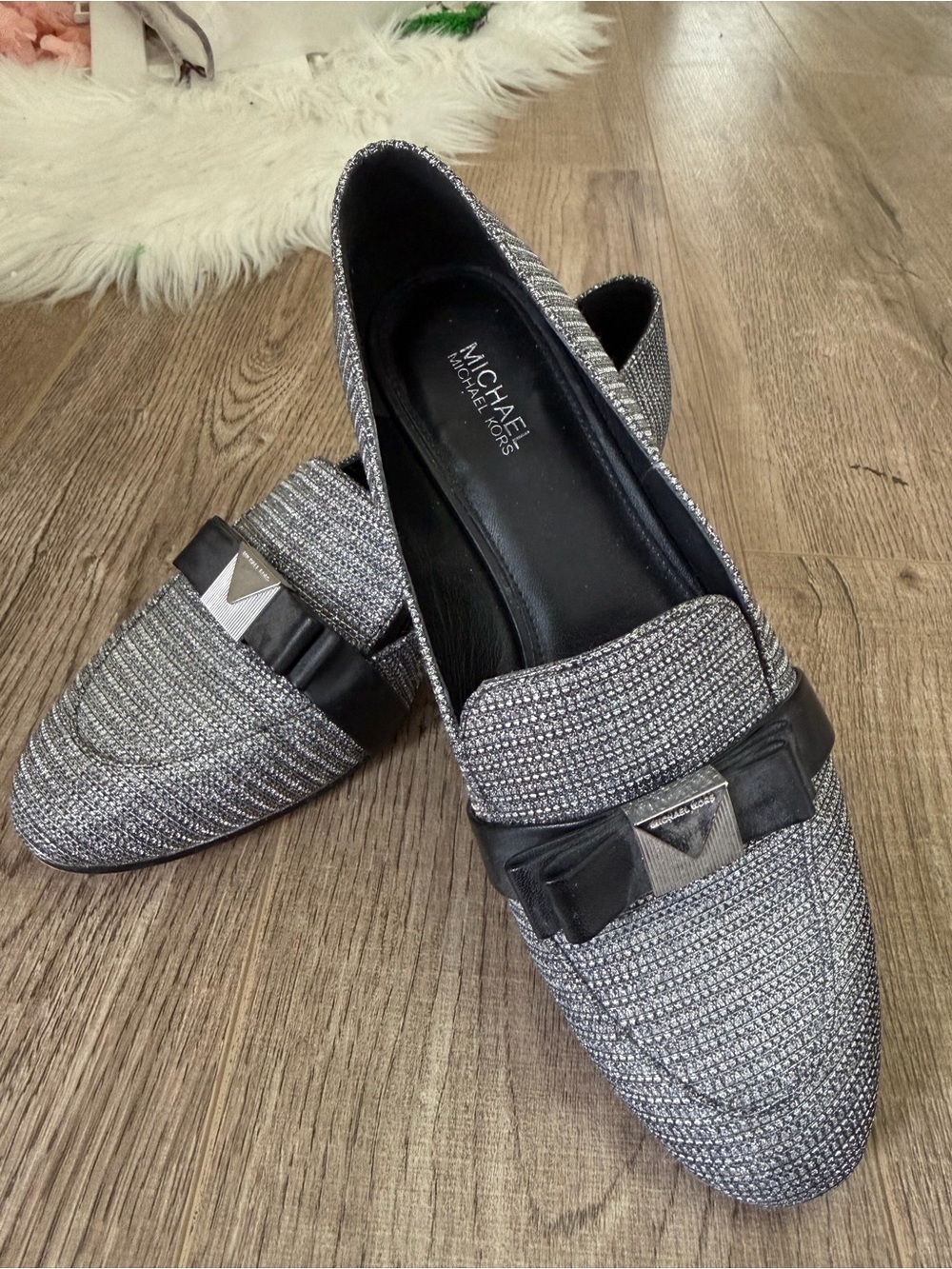 MICHAEL Michael Kors Silver and Black Tweed Bow Loafers